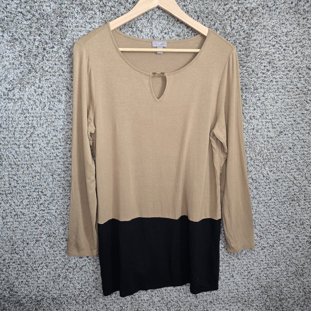 J Jill Top Womens Medium Tan Keyhole Neck‎ Stretch Tunic Long Sleeve Casual